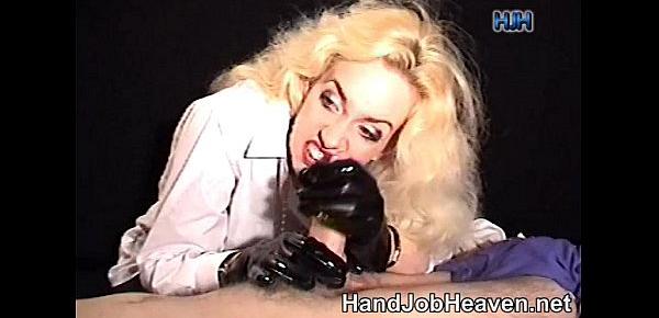  Giving a handjob in heavy long gloves